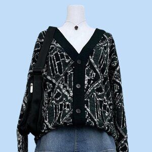 black gray and white vintage 80s abstract patterned acrylic knit sweater